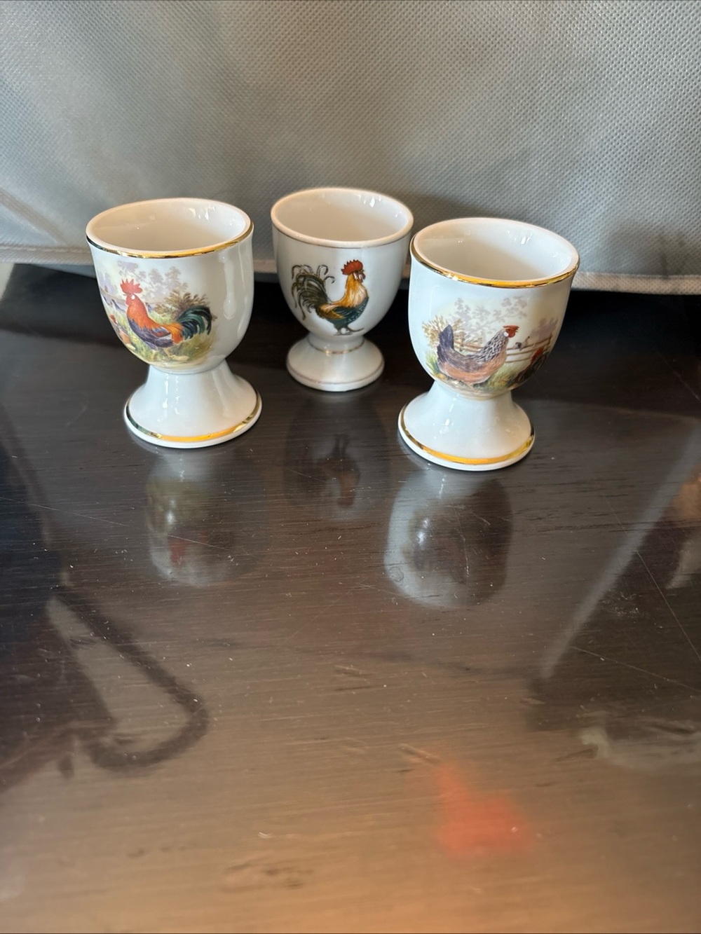 Ceramic Rooster Egg Cup Set - White with Multicolor Rooster Motif